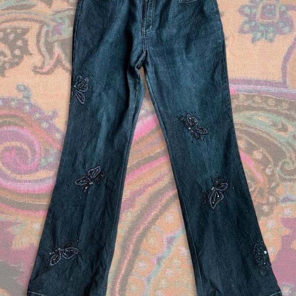 VTG Y2K Cosmopolitan Butterfly Embroidered Jeans Black Flare Size 14 McBling